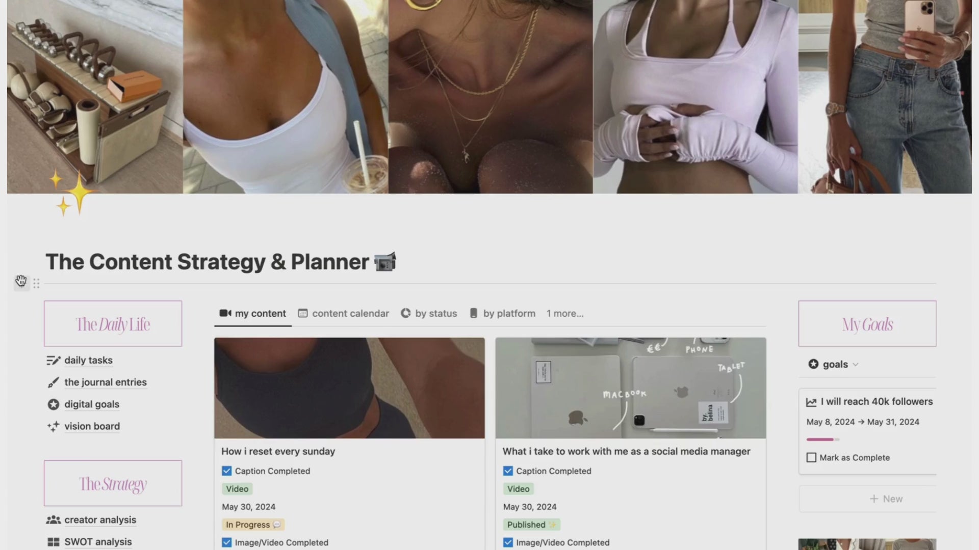 Notion template content creator planner, social media planner template, content marketing planner, social media content calendar, marketing planner, strategy workbook, strategy guide, influencer, content pillars, goals, productivity, journal, brands